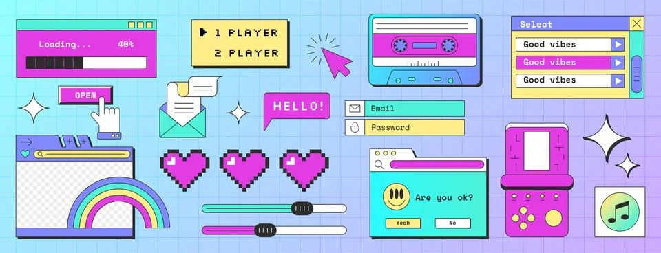 Retro computer screen interface with windows, email, popup notification, message Stock Illustration