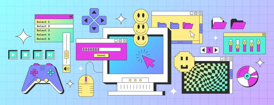 Retro computer screen interface with windows, folder, buttons, happy smile faces Stock Illustration