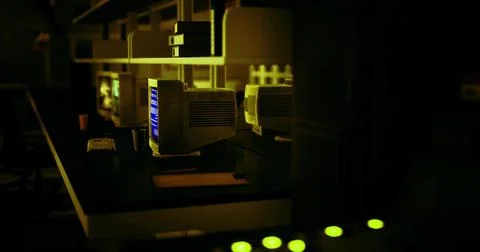 Retro computer setup in a darkened room with glowing screens and keyboard 스톡 일러스트