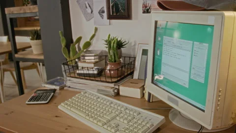 Retro Computer Setup Displaying Vintage Green Software Interface Stock Footage 340273217