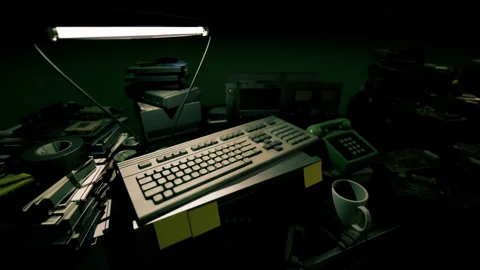 A retro computer setup illuminated by a vintage lamp in a cluttered workspace Stock Footage 293437038