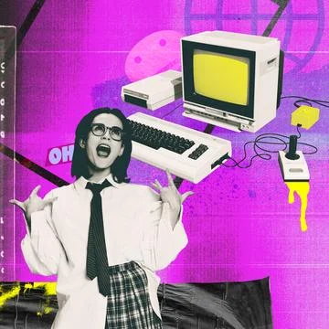 Retro computer setup with yellow screen and stylish young woman in glasses on 스톡 일러스트