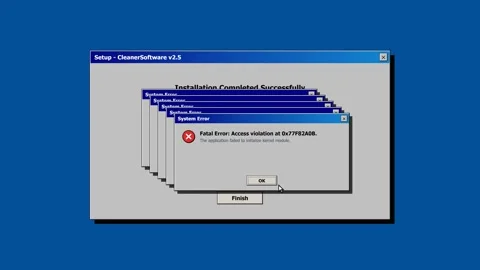 Retro computer software installation error cascading to blue screen of death. 4K Stock Footage 346738896