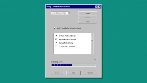 Retro Computer Software Installation Window with Internet Setup Progress Bar Video stock 347243901