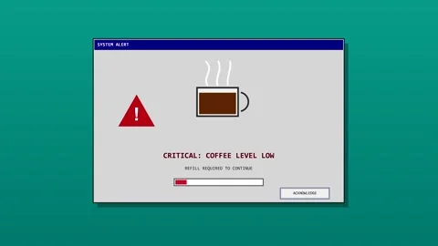 Retro computer system alert warning about low coffee levels Video stock 347395345