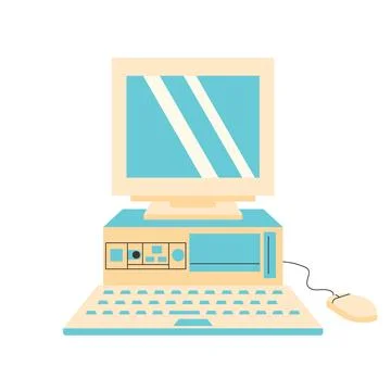 Retro computer with system unit, keyboard and mouse. Old vintage device 80s.. Stock Illustration