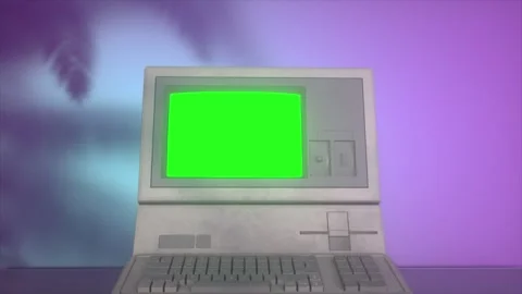 Retro Computer Terminal With Bright Green Screen and Neon Lighting Stock Footage 335158026
