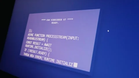 Retro Computer Terminal Screen Displaying Modern Ai Vibe Coding Script Stock Footage 334729446