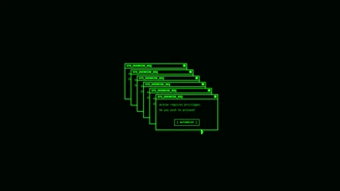 Retro computer terminal text pop-ups and override successful Stock Footage 347038336