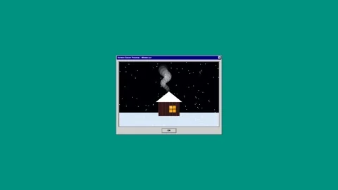 Retro computer window animation of winter cabin snowfall Stock Footage 346837962