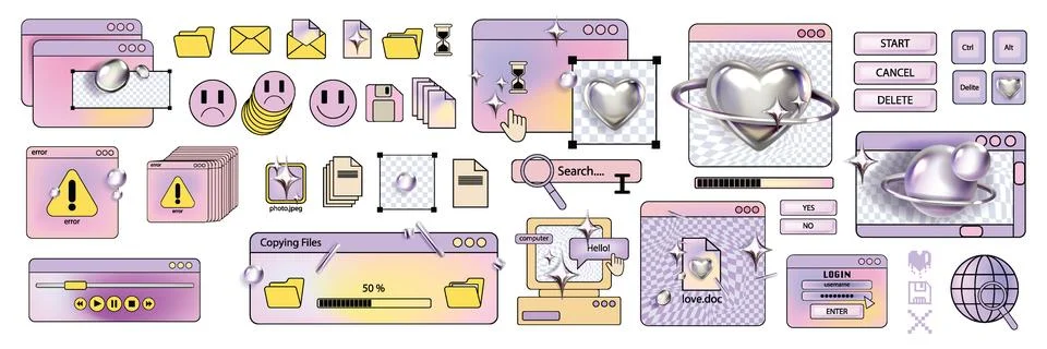 Retro computer window sticker set, vector 90s web old interface background frame Stock Illustration