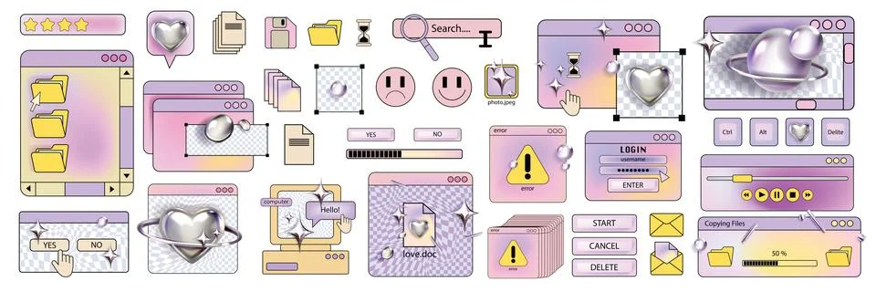 Retro computer window sticker set 90s web old interface vector background frame Stock Illustration