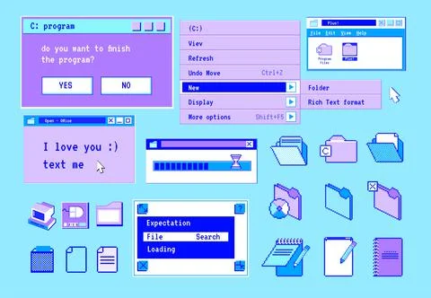 Retro computer windows. Popup 90s interface online messages. Folder and note Stock Illustration
