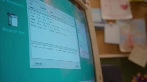 Retro ComputerMonitor Displaying Instant Message Being Typed in Vintage Chat Stock Footage 337914007