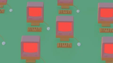 Retro Computers in Repetition: A Nostalgic Digital Landscape Stock Illustration