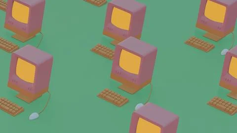 Retro Computers in Repetition: A Nostalgic Digital Landscape Stock Illustration