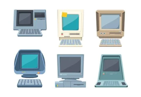 Retro computers set. Old electronic PC various shapes layouts information Stock Illustration