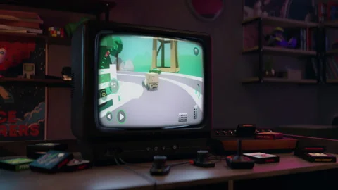 Retro console racing victory with brown car. Stock Footage 312006718