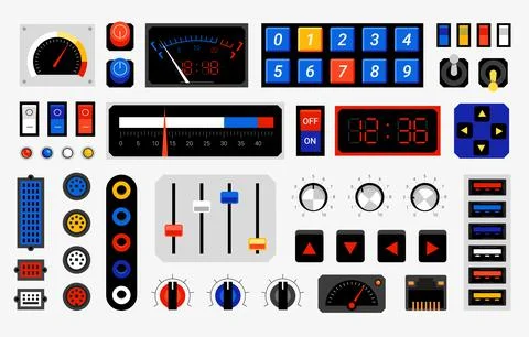 Retro control panel. Computer dashboard elements. Dials or connection ports Illustrazione stock