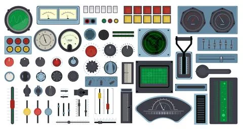 Retro control panel elements. Spaceship buttons, screens and dials, vintage Stock Illustration