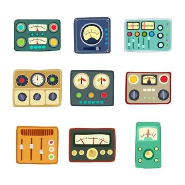 Retro control panel set cartoon vector illustration Stock Illustration