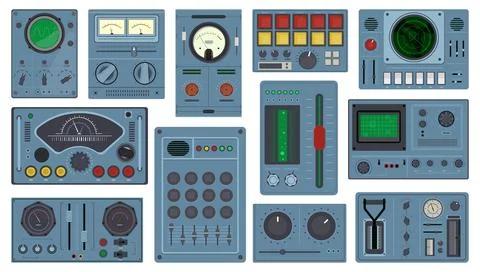 Retro control panels. Space ship dashboards, sliders, tuners and buttons Illustrazione stock