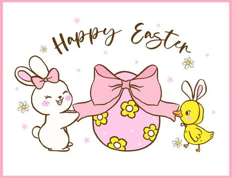 Retro Coquette Easter Bunny and Chick decorate Egg with bow, Cute Festive H.. Stock Illustration