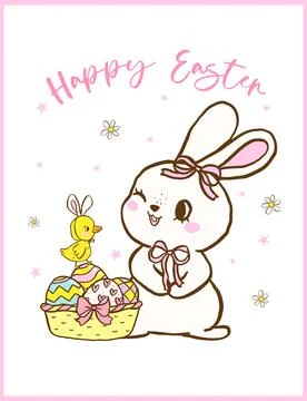 Retro Coquette Easter, Bunny and baby chicken  with a basket of eggs, Cute .. Stock Illustration