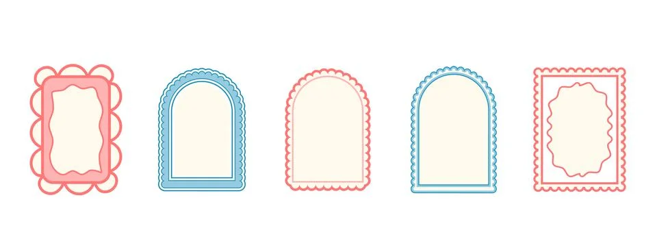 Retro coquette frames. Set of pastel colors borders with scallop edges. Text Stock Illustration