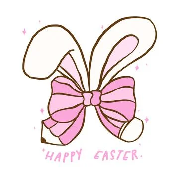 Retro Coquette Happy Easter Bunny Ears with Pencil Bow, Easter School Hand .. Stock Illustration