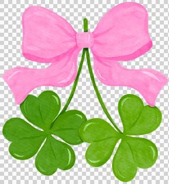Retro Coquette St Patrick 4 Leaf Clover with Bow Watercolor Stock Illustration