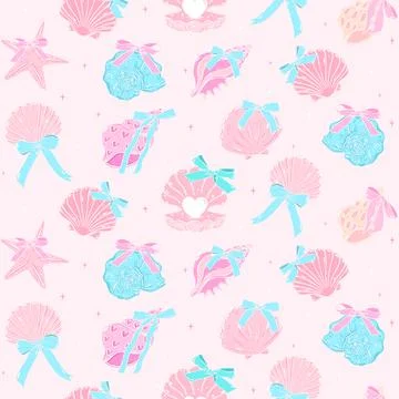 Retro coquette Summer seamless pattern seashells with bow in pastel beach v.. Stock Illustration
