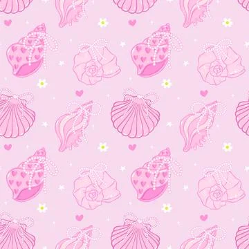 Retro coquette Summer seamless pattern seashells with Pearl bow in Pink bea.. Stock Illustration