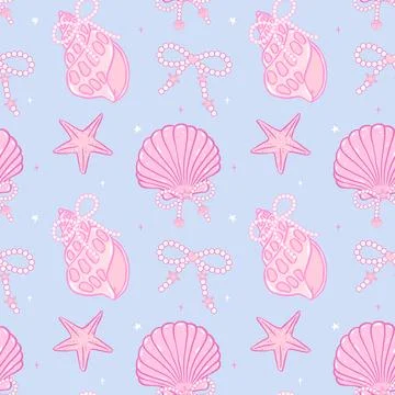 Retro coquette Summer seamless pattern seashells with Pearl bow in Pink Coa.. Illustrazione stock