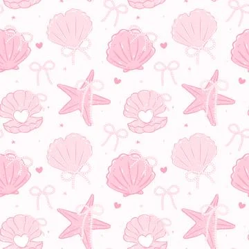 Retro coquette Summer seamless pattern with pearl bow seashells in pastel p.. Illustrazione stock