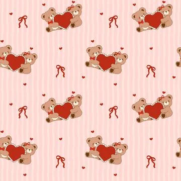 Retro Coquette Valentine seamless pattern vintage Teddy Bears Couple Huggin.. Stock Illustration