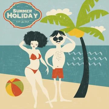 Retro couple on the beach Stock Illustration
