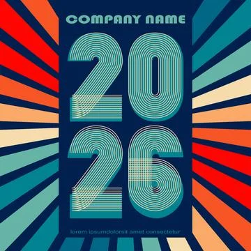 Retro cover background with 2026 numbers in colorful rays isolated on blue .. Stock Illustration
