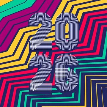 Retro cover background with vertical 2026 number on colorful geometric zigz.. Stock Illustration