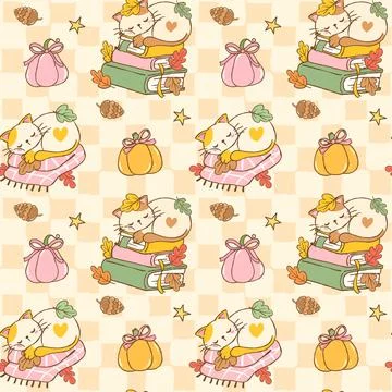 Retro Cozy Fall Reading Seamless Pattern Girly Autumn Bookish Book and Cat .. Stock Illustration