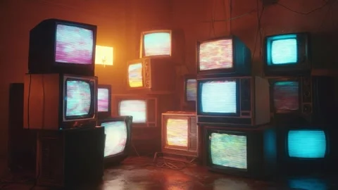 Retro CRT Televisions Stack with Glitch Static Screen Animation Loop Stock-Footage 341591084
