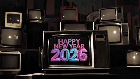 Retro CRT TV Stack Happy New Year 2026 Stock Footage 322220999