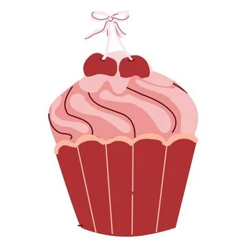 Retro cupcake with cherry on top, decorated with whipped cream and cute bow. Stock Illustration