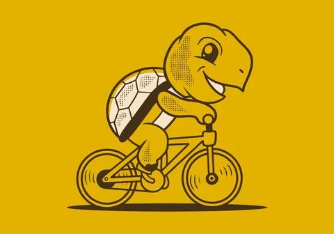 Retro cute turtle riding a bicycle mascot character illustration Stock Illustration