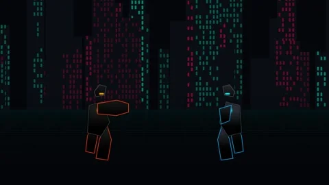Retro Cyber Mecha Showdown With Laser Attack And Shield In Futuristic City Stock Footage 340753203