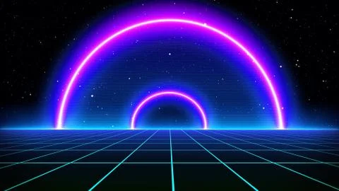 Retro cyberpunk style 80s Sci-Fi Background Futuristic with laser grid Stock Illustration