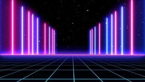Retro cyberpunk style 80s Sci-Fi Background Futuristic with laser grid Stock Illustration