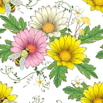 Retro daisy with bees seamless pattern Illustrazione stock