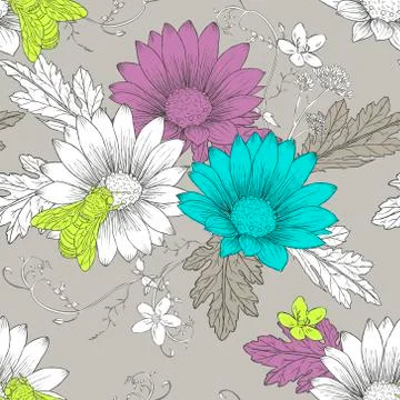 Retro daisy with bees seamless pattern Stock Illustration
