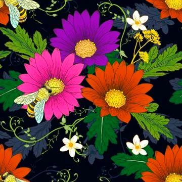 Retro daisy with bees seamless pattern Stock Illustration